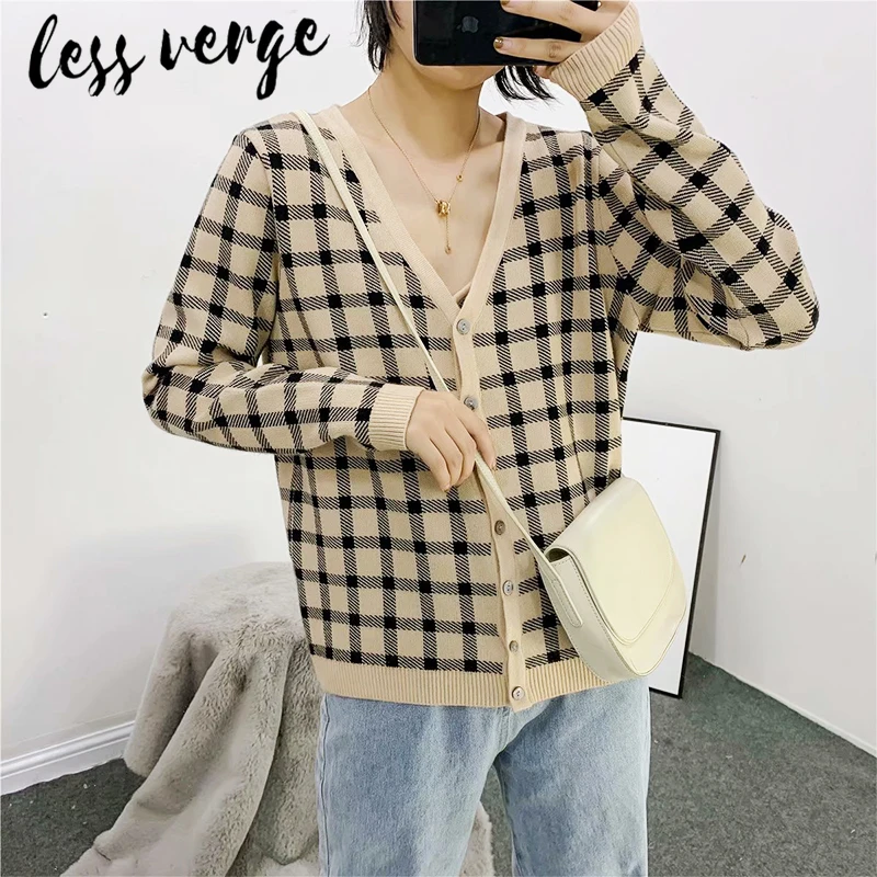 lessverge Casual yellow black plaid cardigan sweater Autumn winter 2 piece set tank crop top Knitted women korean mujer cami |
