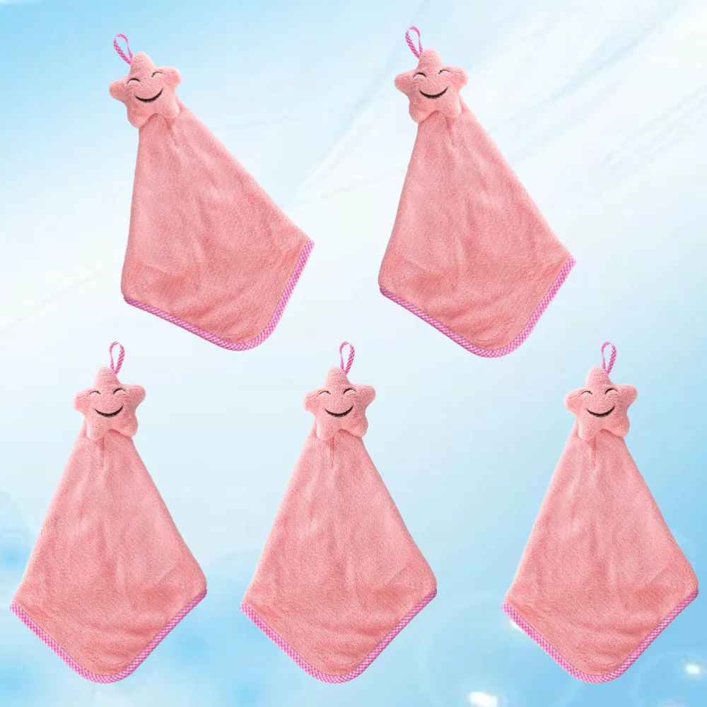 

5Pcs Lovely Star Small Square Towel Hanging Hand Towel Coral Fleece Towel for Bathroom Home Kitchen Green
