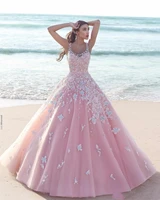 princess floral flower pink ball gown quinceanera dresses 2020 applique tulle v neck sleeveless lace bodice long prom dresses