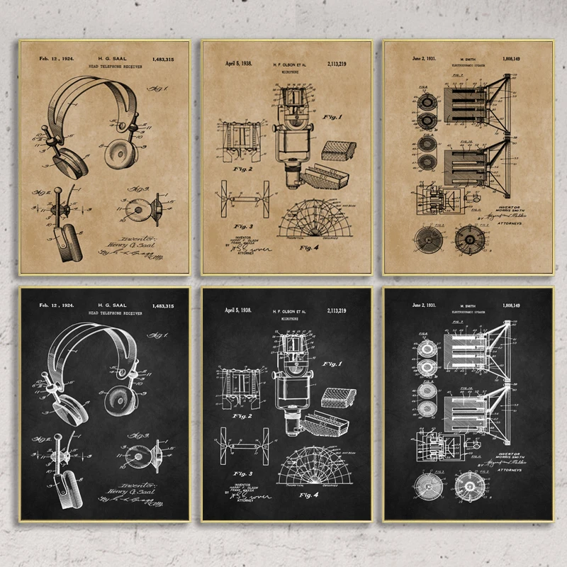 Запатентованные винтажные постеры и принты для записи музыки микрофон наушники