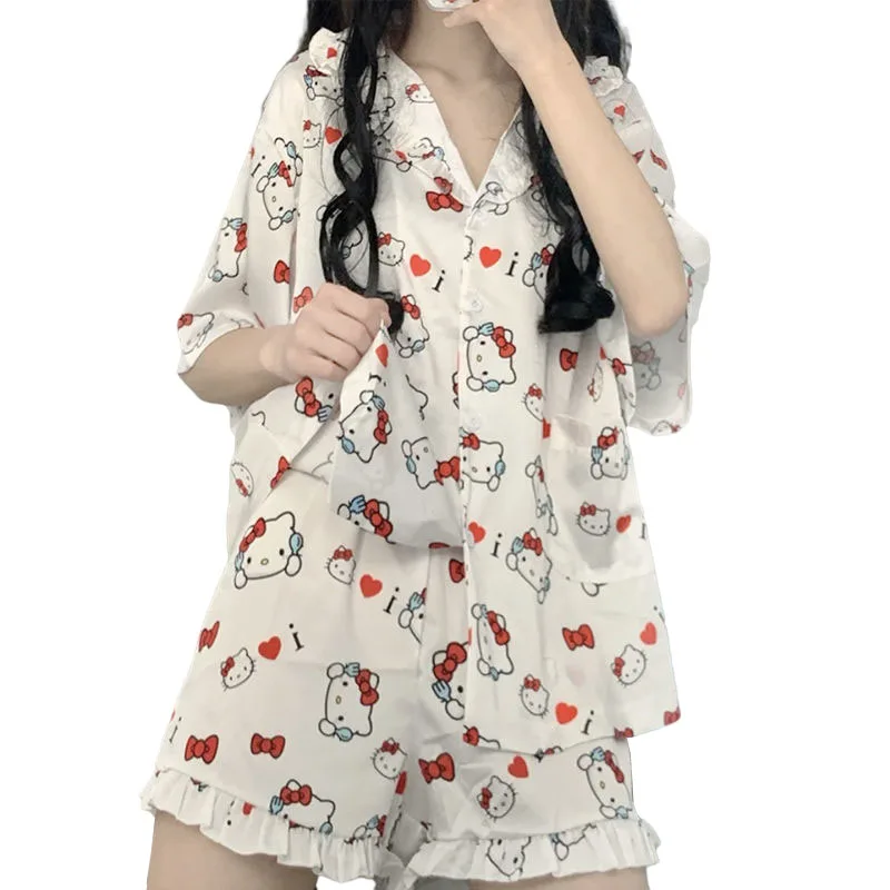 Новый костюм Kawaii Sanriod мультфильм аниме серия милый Пижама Китти короткий рукав