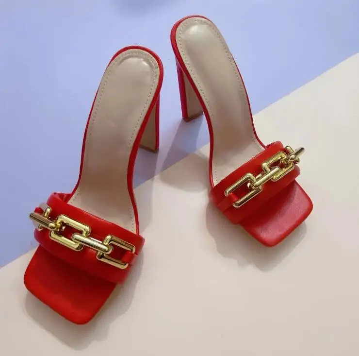 

2021 spring/summer new single-layer leather metal women slippers fashion square chain high heel sandals beach flip flop