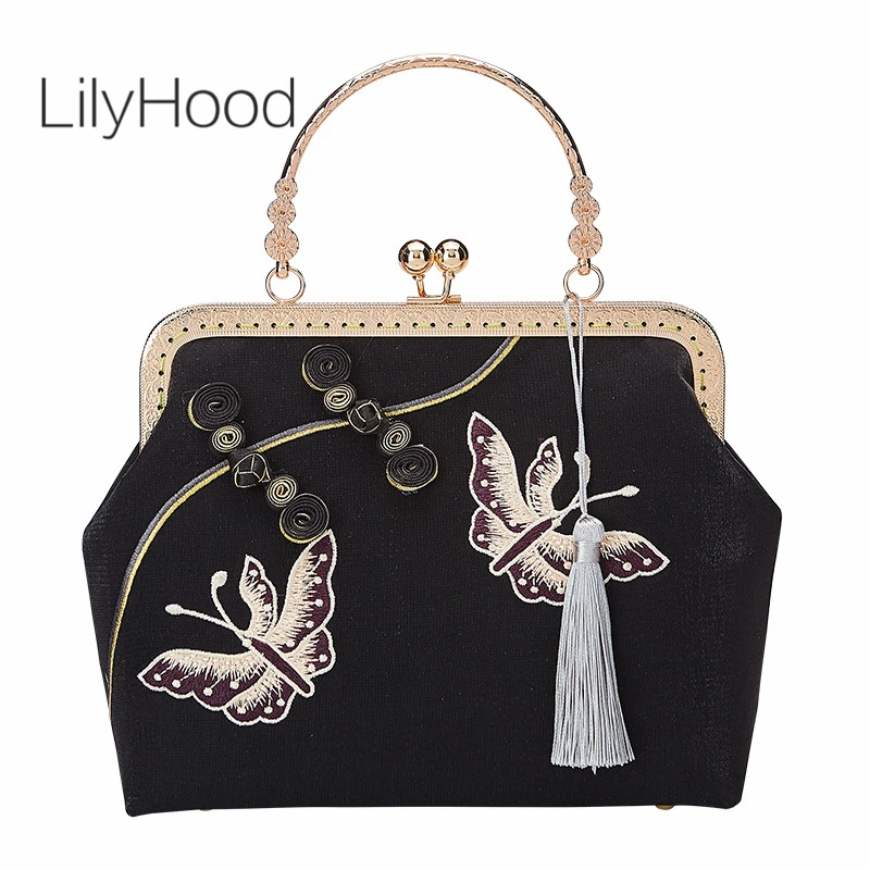

Handmade Female Velour Embroidery Butterfly Clasp Messenger Bag Lady Chinese Traditional Luxury Design Button Elegant Handbag