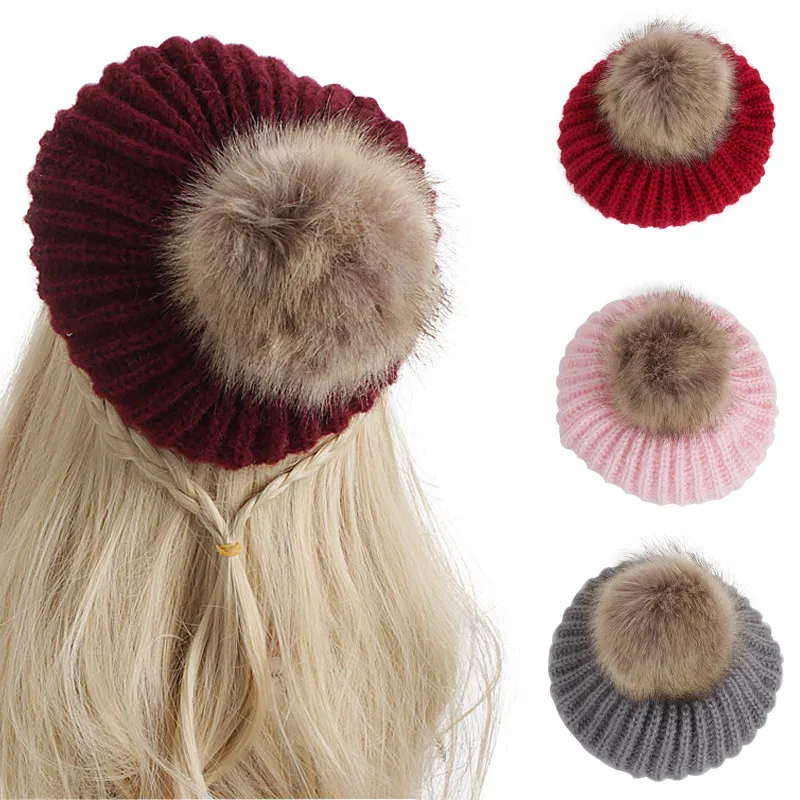 

Winter Toddler Kids Girls Warm Hat Pom Pom Ribbed Knit Beanie Caps Beret Hats 1-5Y