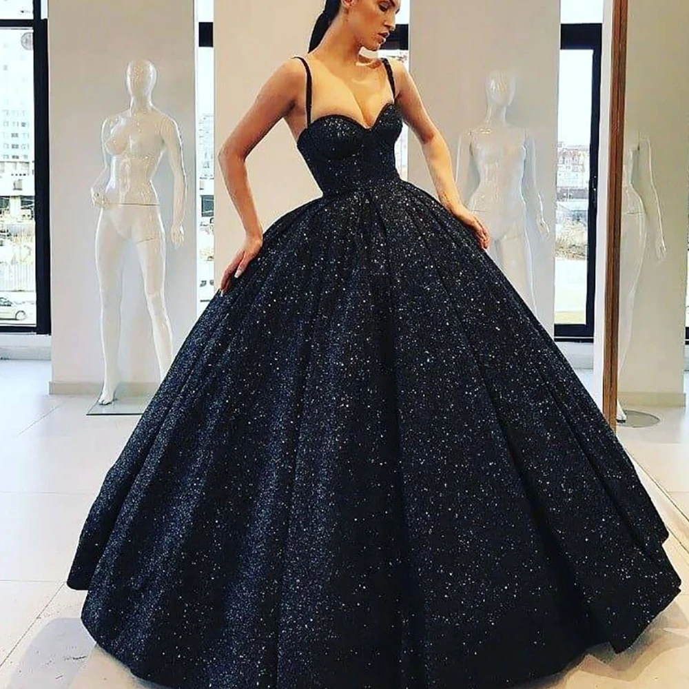 

Black Sleeveless A Line Evening Dresses Woman Lady Girl Plus Size Custom Birthday Christmas Sweetheart Sequined Prom Party Gown