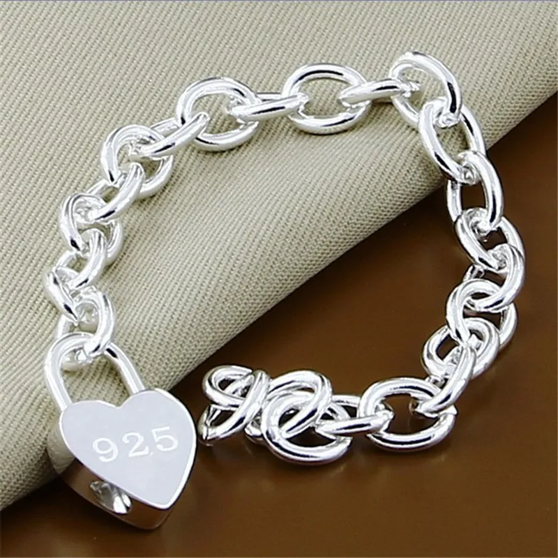 

New Fashion Heart Shaped Lock Charm Bracelet 925 Silver Fine Jewelry Link Chain Bracelets Y167