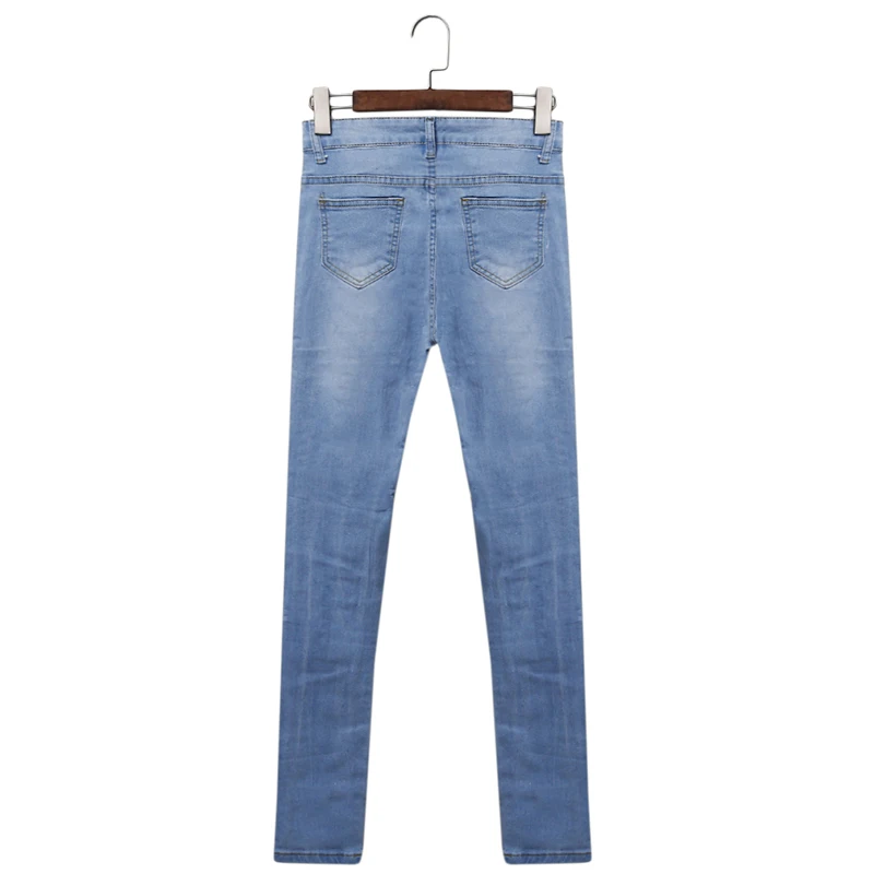 

New Mid Waist Zipper Long Denim Jeans For Women Holes Sexy Jeans Skinny Denim Trousers Women Pencil Pants Light Blue