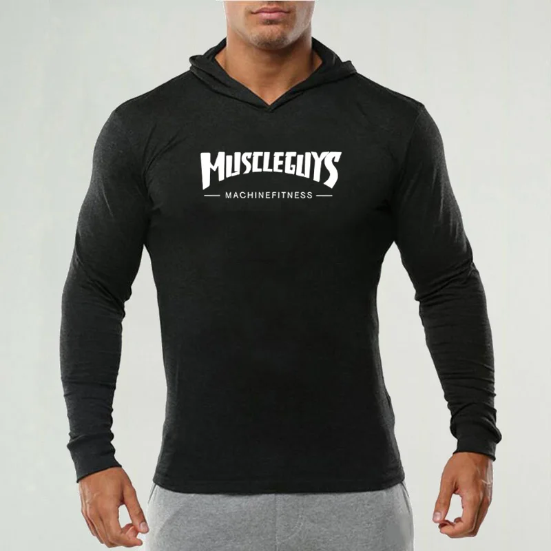 Мужская модная спортивная футболка с капюшоном для фитнеса длинным рукавом