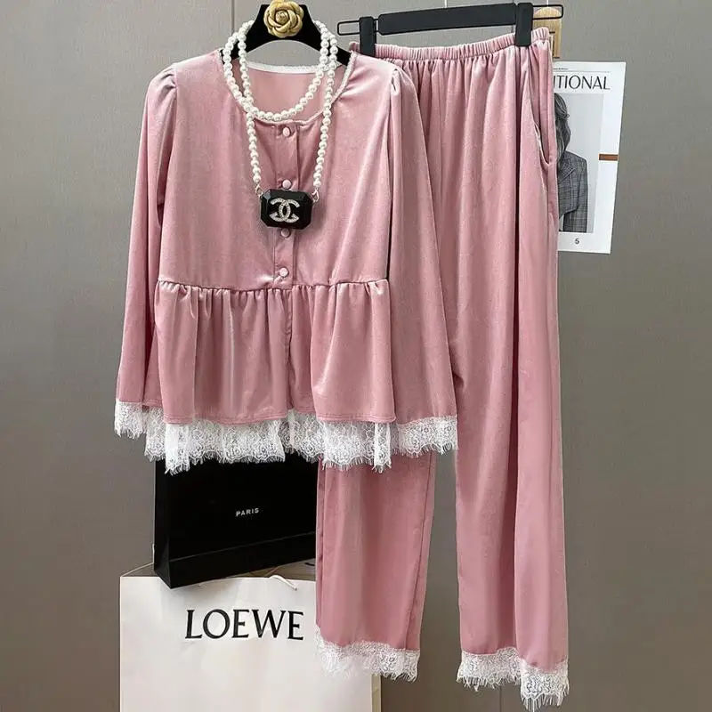 

Пижамный костюм с длинным рукавом для женщин, велюровая одежда для сна, осенняя ночная рубашка из двух предметов, Женская кружевная одежда д...