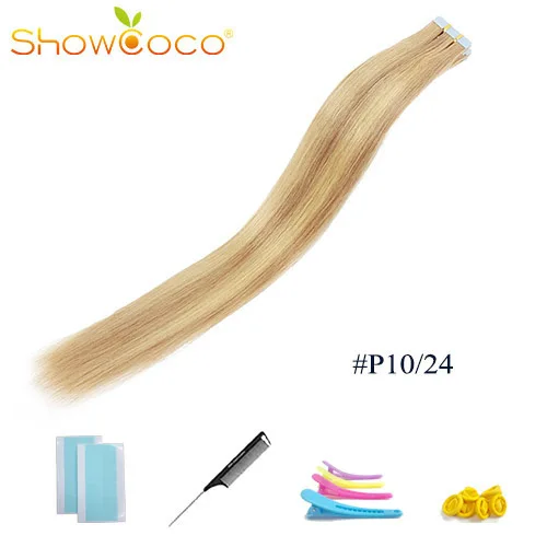 P10 24 ShowCoco ленты в режиме реального Пряди человеческих волос для наращивания Реми Невидимый Двусторонняя голубая лента темно-Цвета натуральная расширение для тонких волос - Цвет: P10 24