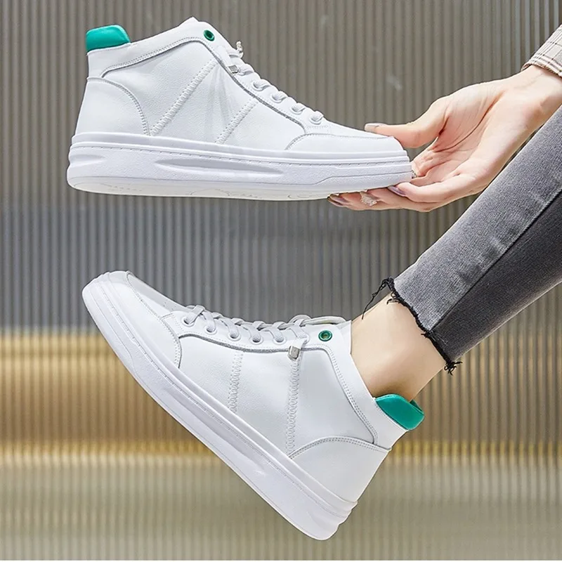 

Size 35-40 Cross Tied Fashion Genuine Leather Women White Shoes Female High Top Vulcanize Shoes Running Sneakers Flat Heel 3cm