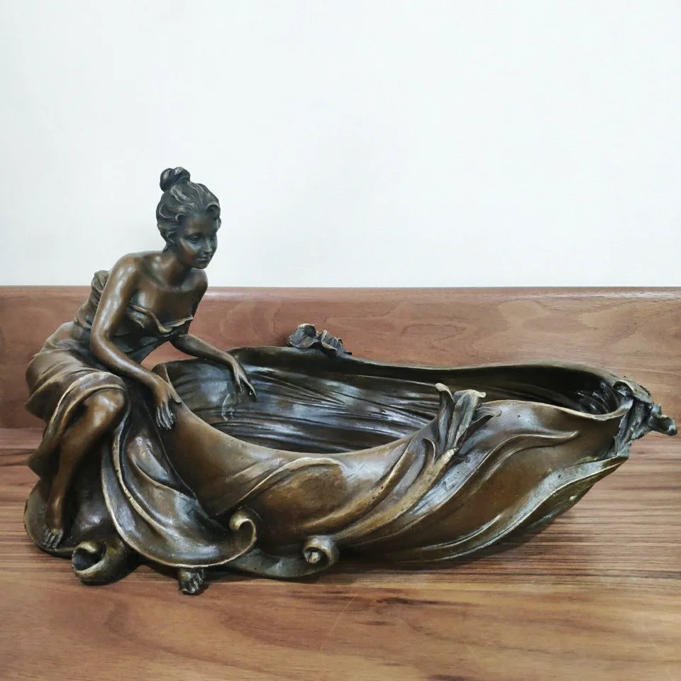 

Bronze European Female Fruit Bowl Statue Sculpture Vintage Figurine Art Home Decor Accessories