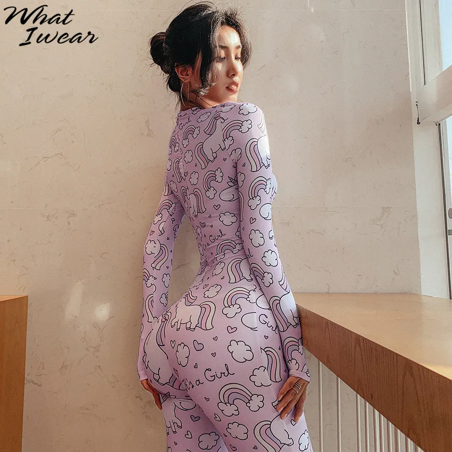 Women Cartoon Print Jumpsuits Fitness Stretchy Tracksuit Cute Rompers Fashion long sleeve Bodysuits skinny hide zipper 2020 |