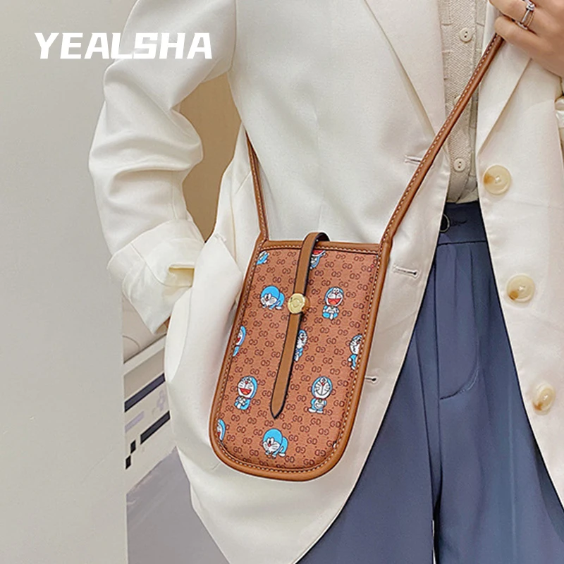 

Fashion Doraemon Cartoon Letter Printing Mobile Phone Bag Pu Soft Leather Shoulder Small Messenger Bags For Women