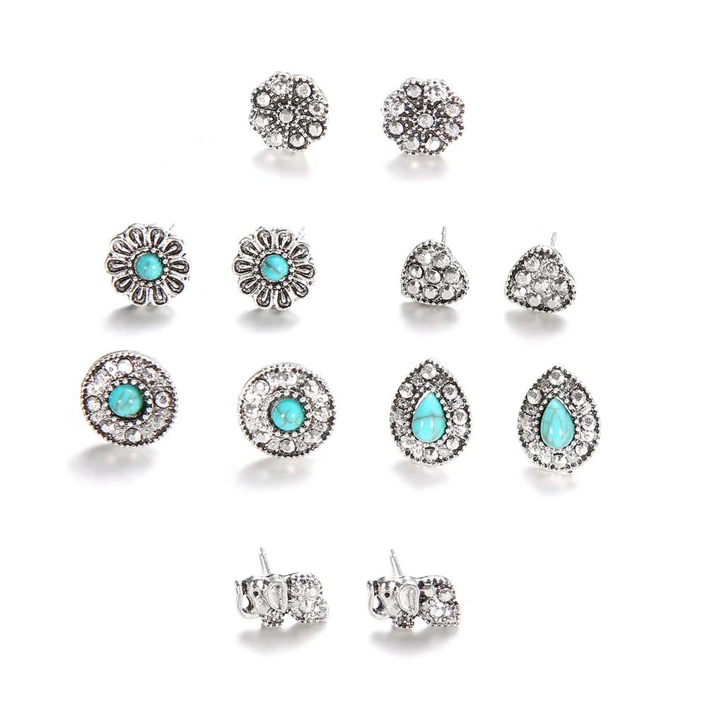 

Retro Hollow Hand Carved Elephant Turquoise Stone Stud Earring Set