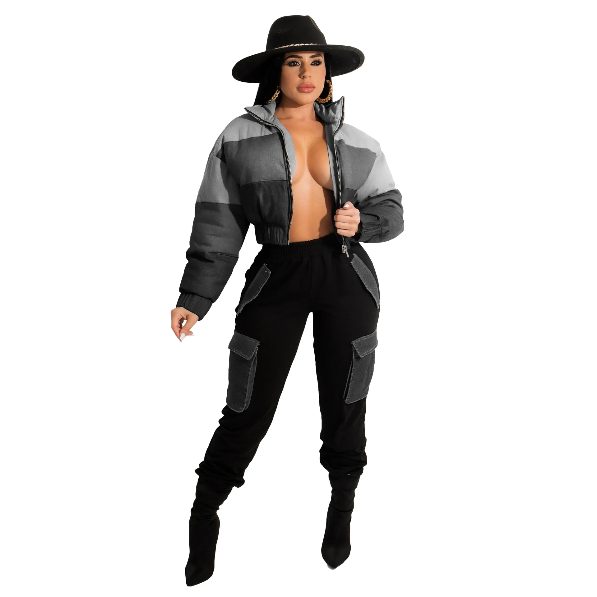 Casual Winter Woman Jacket Coat Thick Warm Parkas Color Patchwork Zipper Up Full Sleeve Female Outwear Coat Streetwear Outfits