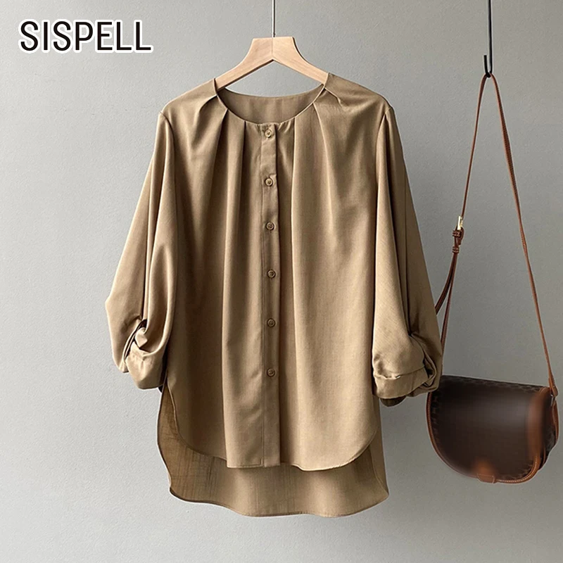 

Женская блузка с длинным рукавом SISPELL, свободная Однотонная рубашка с круглым вырезом и высокой талией, Повседневная Блузка, 2021