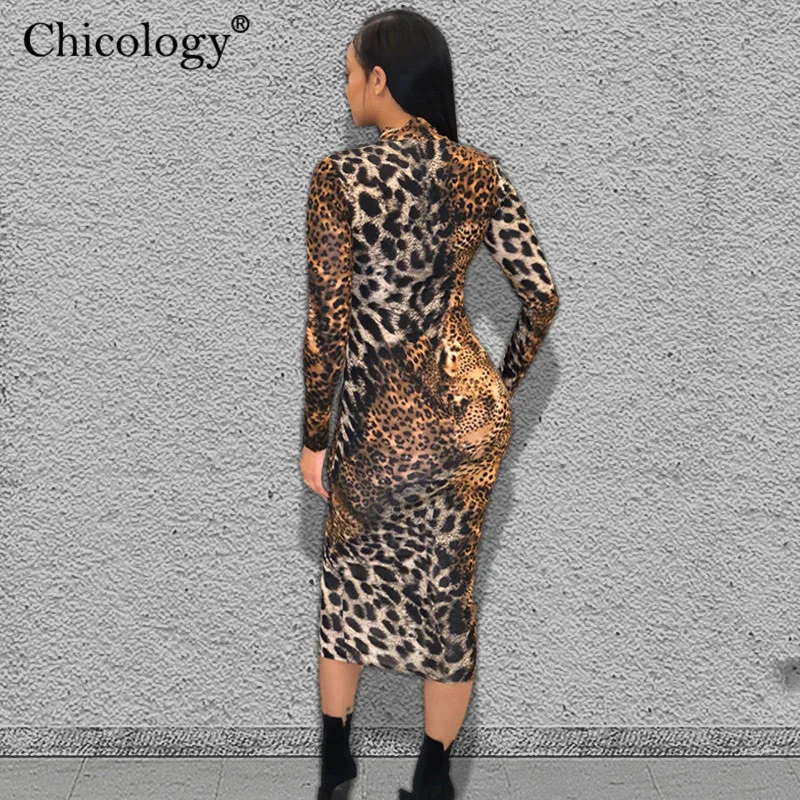 Chicology 2019 леопардовая расцветка длинным рукавом Лонгслив миди платье платья