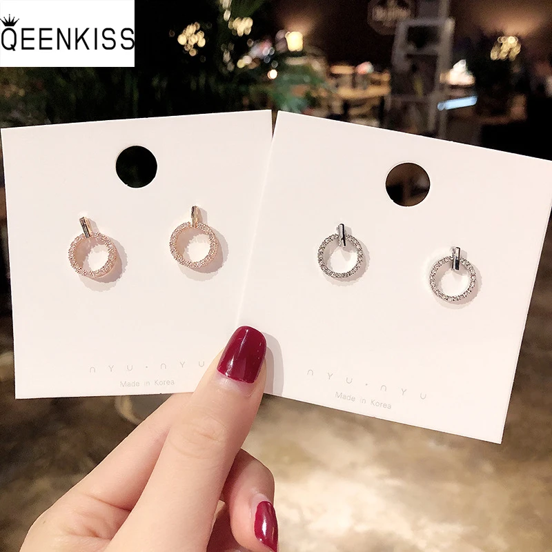 

QEENKISS EG7338 Fine Jewelry Wholesale Woman Birthday Wedding Gift Circle Short Zircon 925 Sterling Silver Needle Stud Earrings