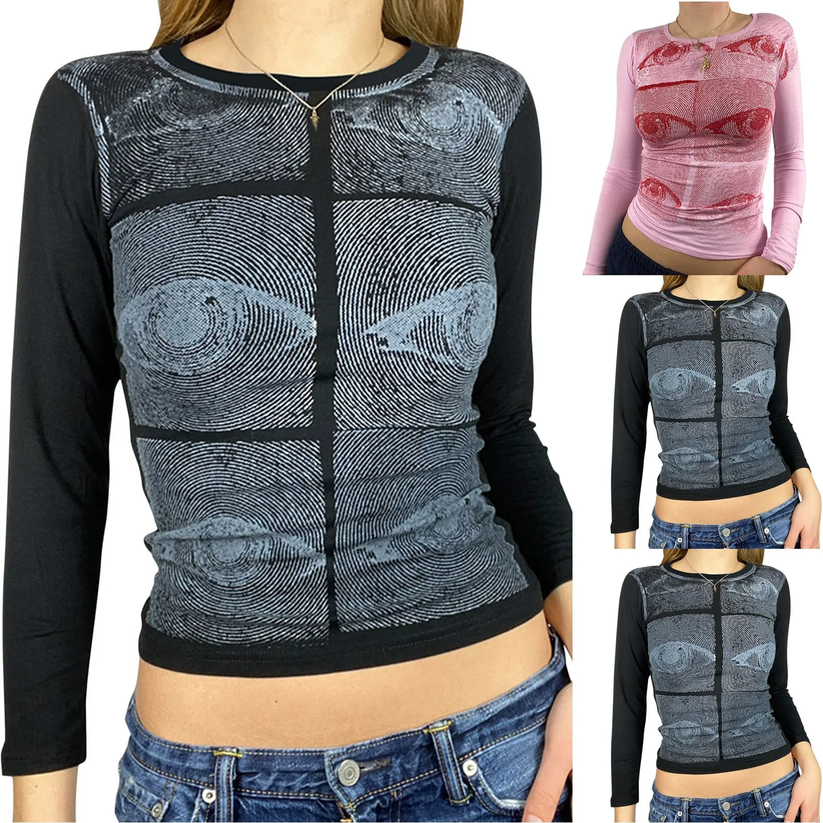 

Y2k Graphic Print Crop Top Women's Fashion Long Sleeve Top Sexy Shirt Slim Blouse Tops Autumn Slim Crop Top Ropa Mujer 914#Q