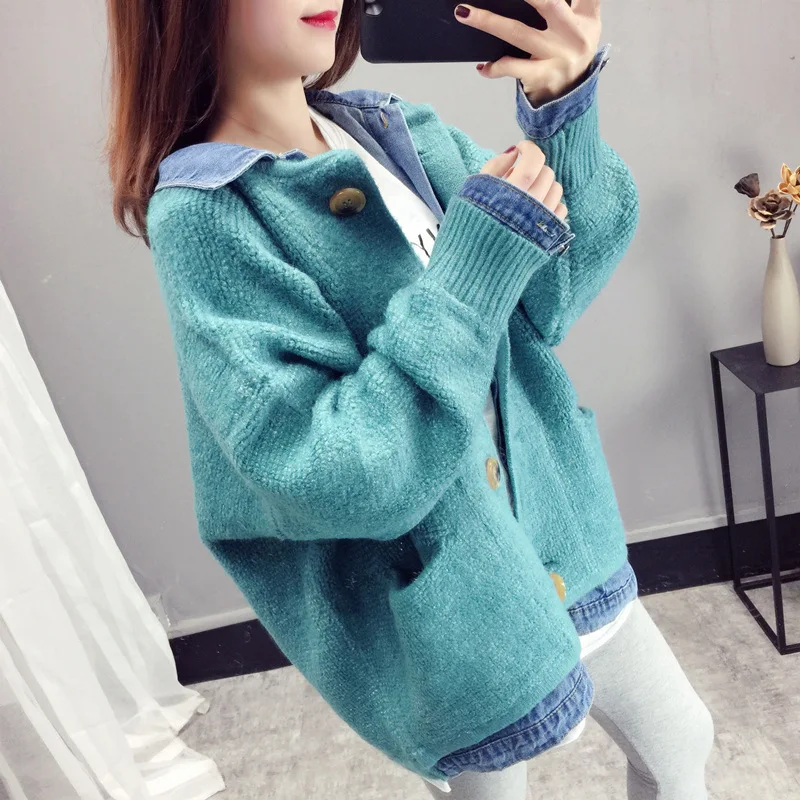

Cardigan women's pockets loose and lazy long-sleeved sweater jacket 2021 new spring denim stitching knitted fake two pieces