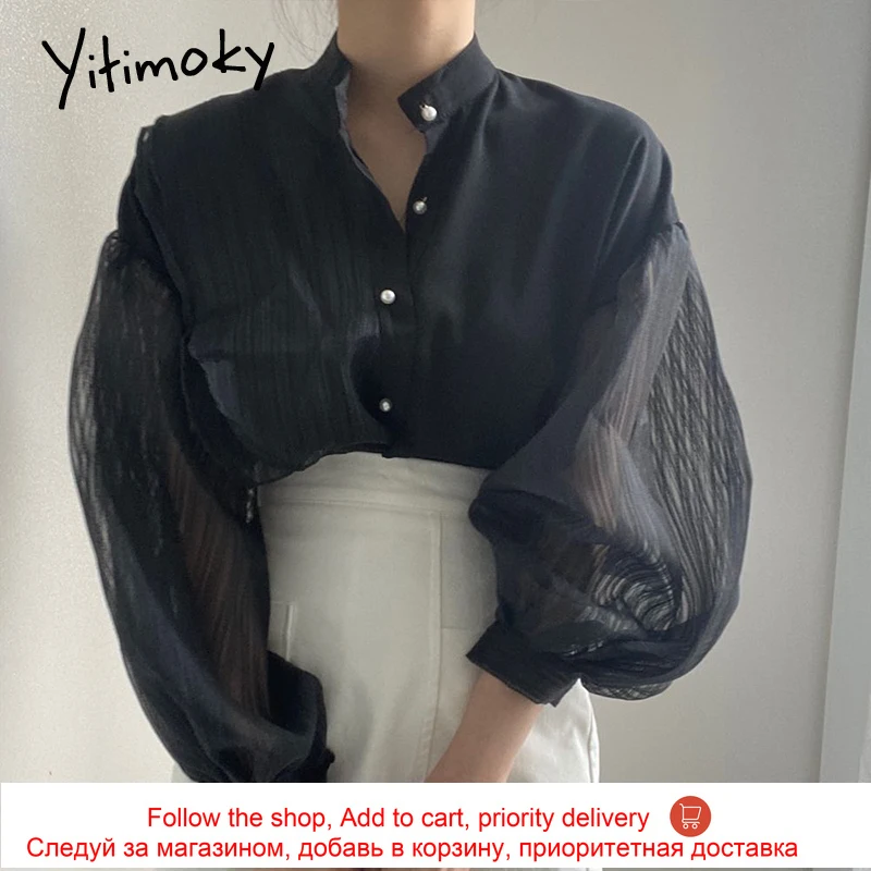 

Yitimoky Mash Ruffles Women Blouses Button Up Shirt Asymmetrical Lantern Sleeve Stand Casual Spring 2021 New White Black Korean