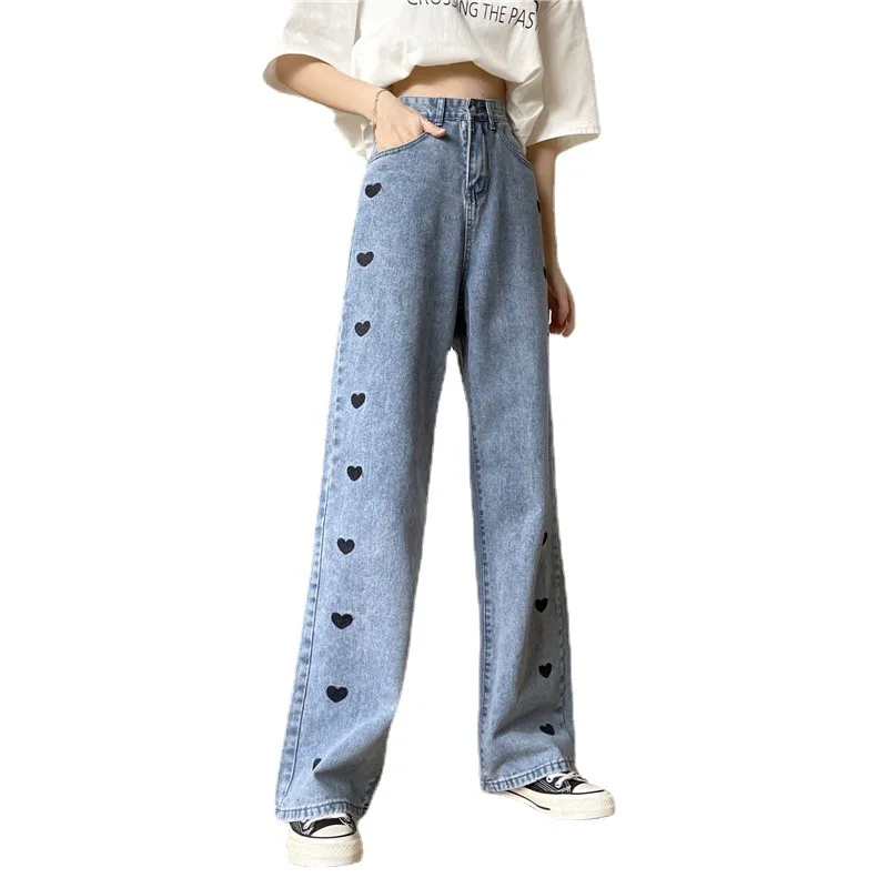 

Love Heart Printed Jeans Women's Loose High Waist Jeans Straight Legs Casual Thin Wide Leg Pants for Spring and Summer