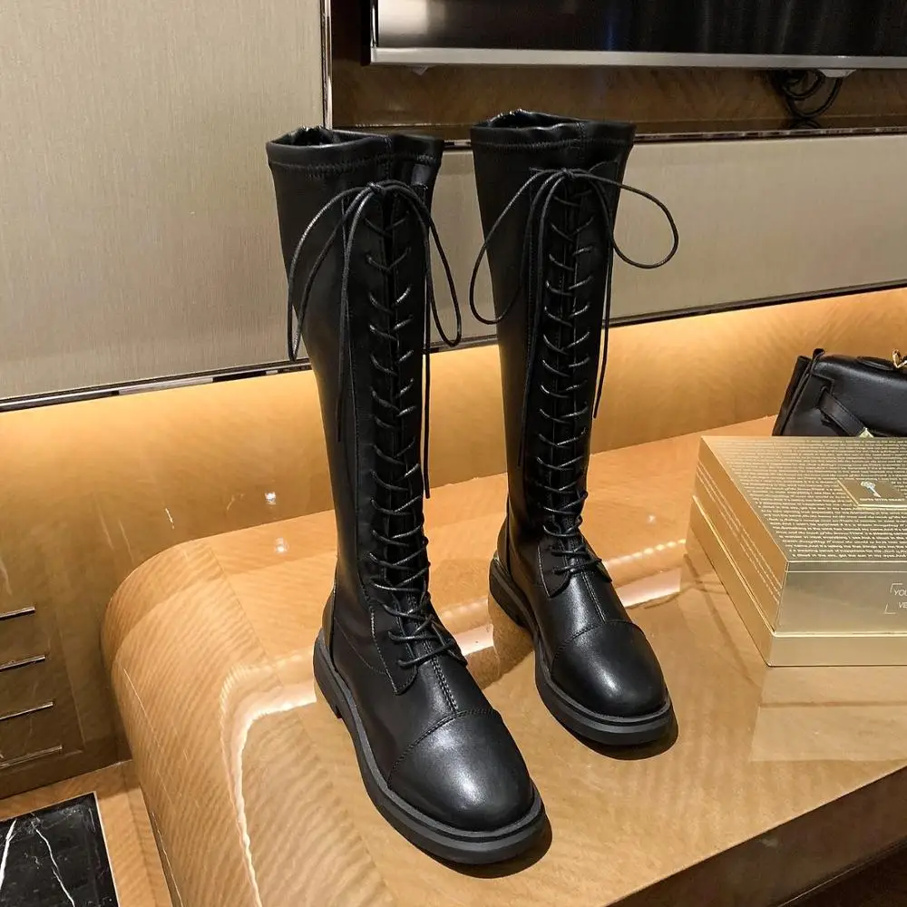 

2021 autumn and winter long black women boot women stretch laceup knight boot warm and fashionable all-match platform women shoe