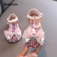 kids sandals 2022 summer girls fashion beach shoes princess pink pearl rhinestone cute soft flats party dress baby shoes 21 36