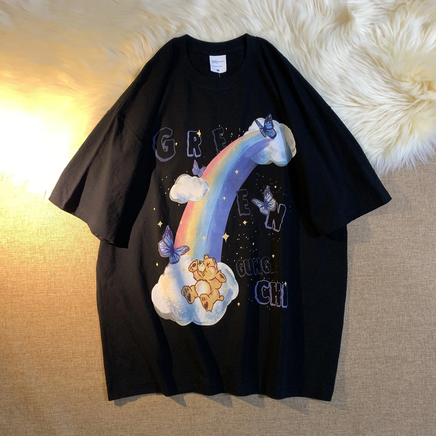

Summer Men's T-shirt 100% Cotton Printed Short-sleeved High Street Hip-hop Plus Plus Size Anime Rainbow Comfortable T-shirt
