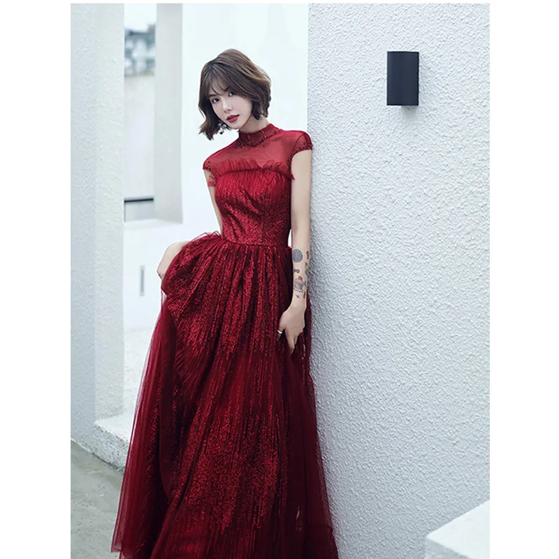 burgundy It's Yiya/вечернее платье, кружевные платья трапециевидной формы с короткими рукавами и блестками, элегантные вечерние платья большого размера E1293 - Цвет: burgundy