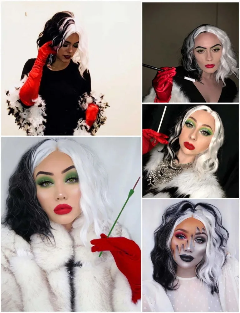 Аниме фильм 101 Круэлла де Виль микс черные белый парик для косплея синтетические