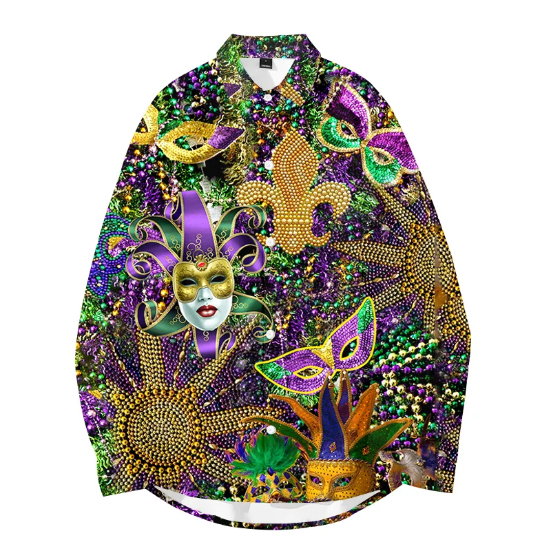 

Мужская гавайская рубашка с длинным рукавом, свободная гавайская рубашка с воротником-стойкой и блестящими шариками, уличная мода, 2021