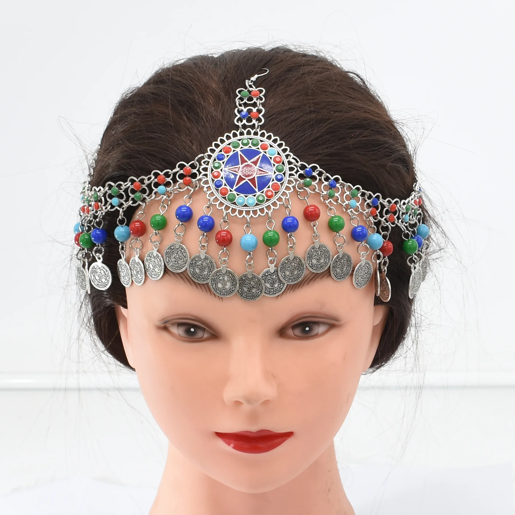 

Vintage Ethnic Bride Head Chain Gypsy Tribe Color Bead Coin Tassel Forehead Tiara Headpiece Turkish Afghan Dress Wedding Jewelry