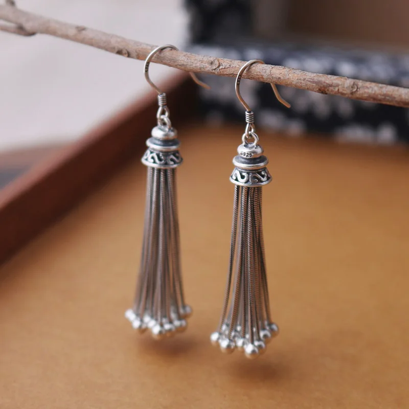 Buyee 100% Серебро 925 пробы длинные серьги с кисточками женские изысканные этнические