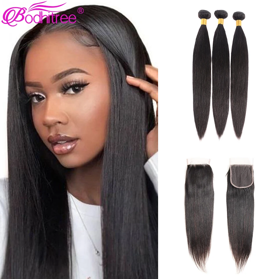 BODHI TREE Straight 3 Bundles With 4x4 Closure Human Hair Bundles Remy Transparent lace Closure 30 inch Bundles Remy Hair Sale