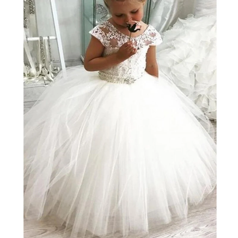 

JIERUIZE White Lace Appliques Ball Gown Long Flower Girl Dresses Cap Sleeves Pearls Sash Pageant First Communion Girl Dresses