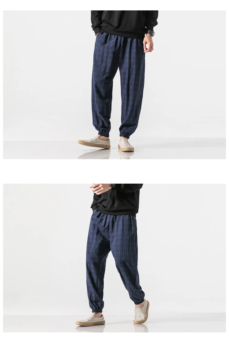 Autumn New Casual Pants Men Cotton Linen Slim Fit Grid Fashion Trousers Male Brand Clothing Plus Size 5XL Y1864