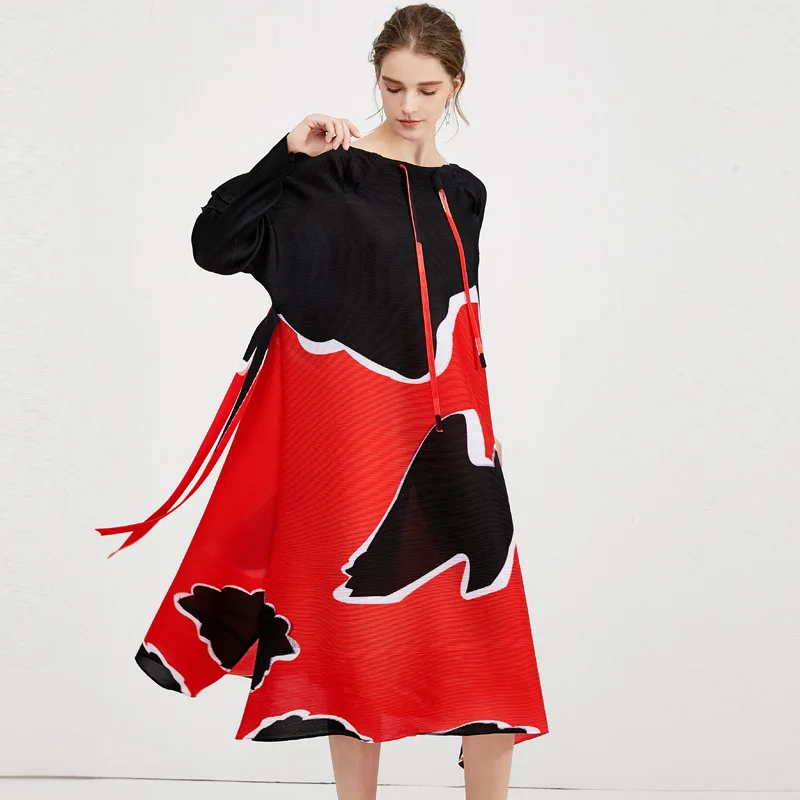 

Женское платье с принтом Issey Miyake, свободное дизайнерское платье со складками, Милая юбка с разрезом, большие размеры, весна 2022