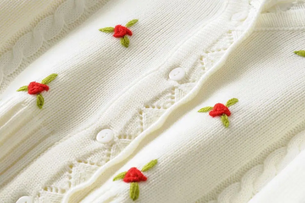 Bazaleas France floral embroidered women Sweater Retro White Emile Carfigans Vintage Center Buttons Warm Kintted sweater |