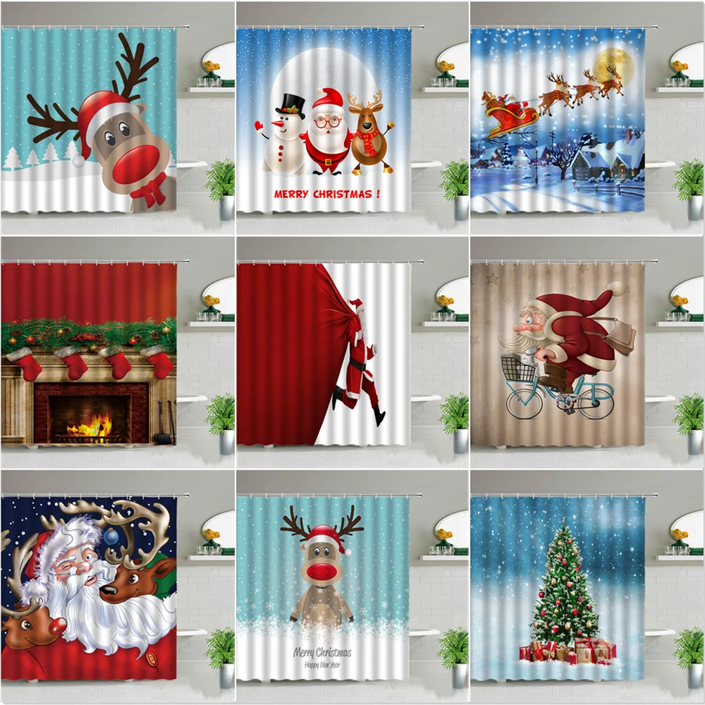 

Рождественская занавеска для душа, набор с Санта-Клаусом, оленем, снеговиком, камином, елкой, с Новым годом, мультяшный Декор для ванной и гос...