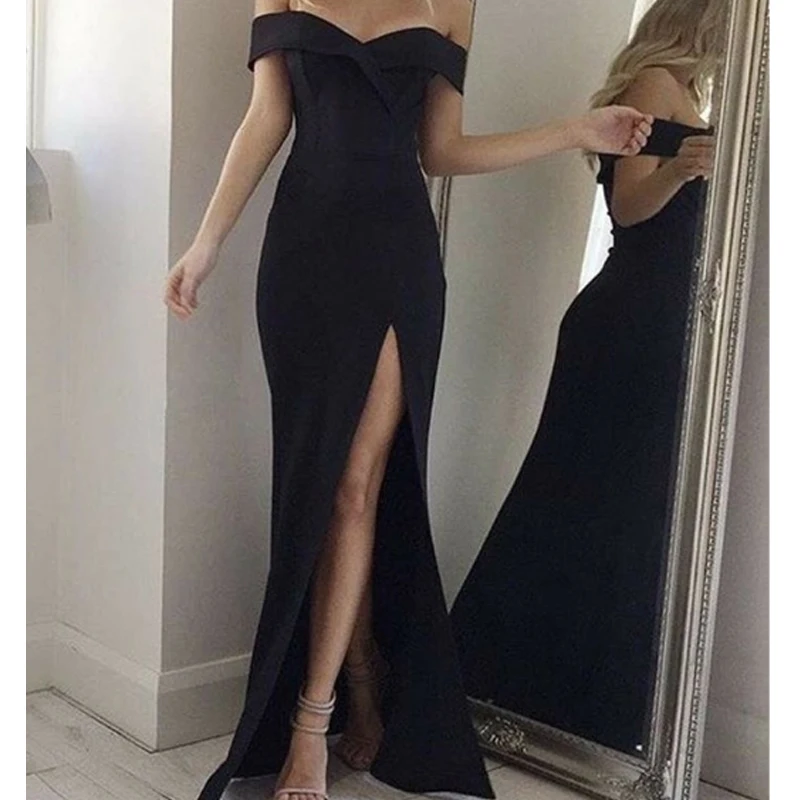 Фото Черное атласное длинное платье Русалка в пол с разрезом по бокам для выпускного