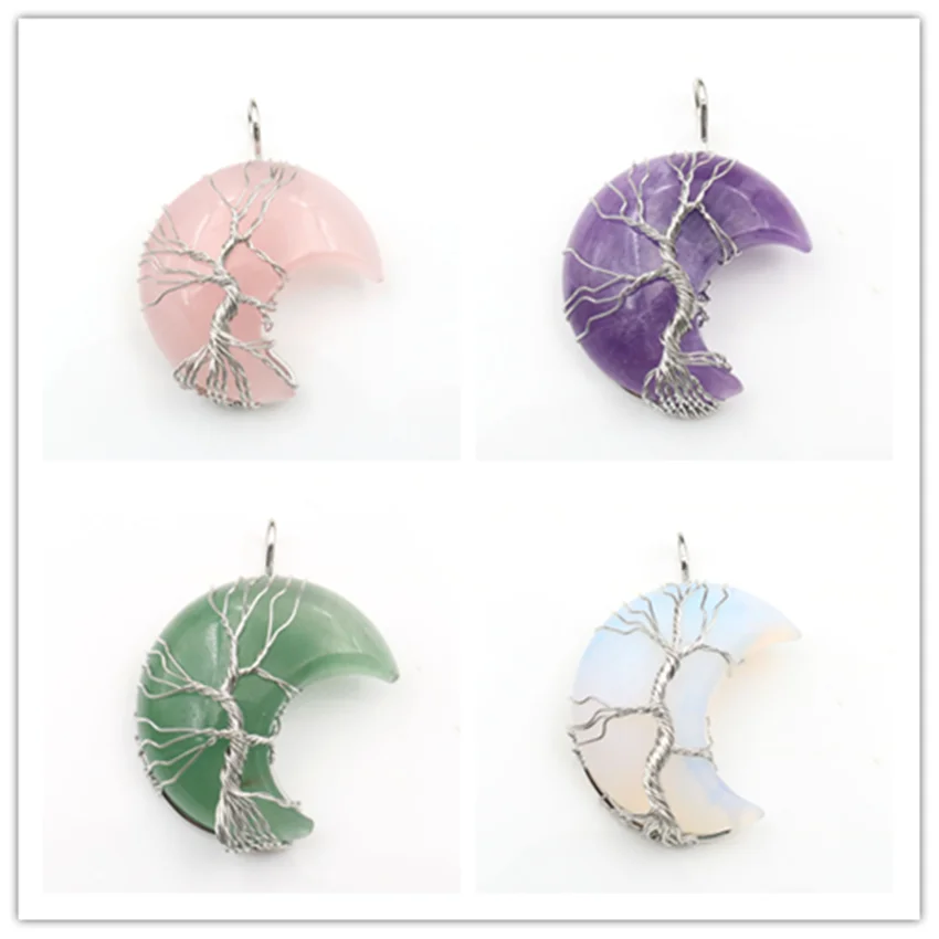 FYJS уникальный посеребренный кулон в виде дерева жизни полумесяца опала зеленого