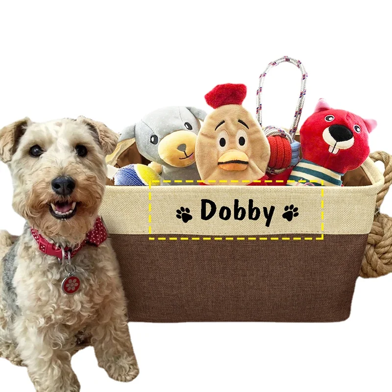 

Personalized Dog Toy Storage Box Foldable Custom-made Pet's Name Canvas Basket Linen Bag Puppy Bin Accessories Pet Supplies
