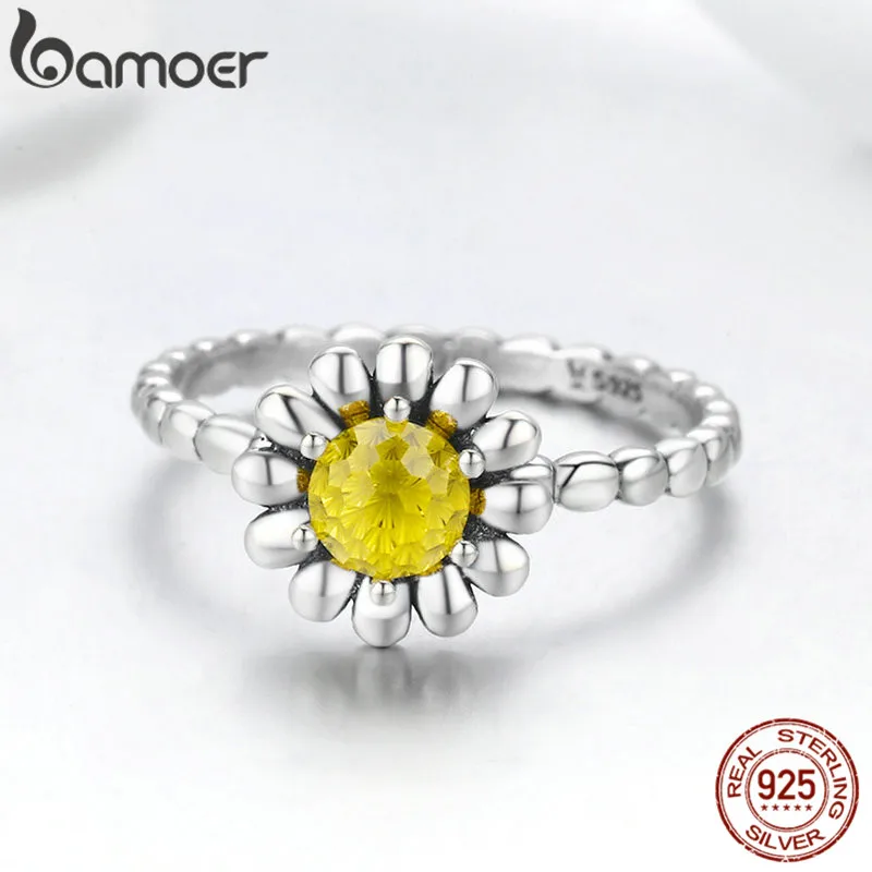 BAMOER Настоящее 925 пробы Серебряное кольцо с ромашками кубического циркония для женщин Свадебные украшения SCR238