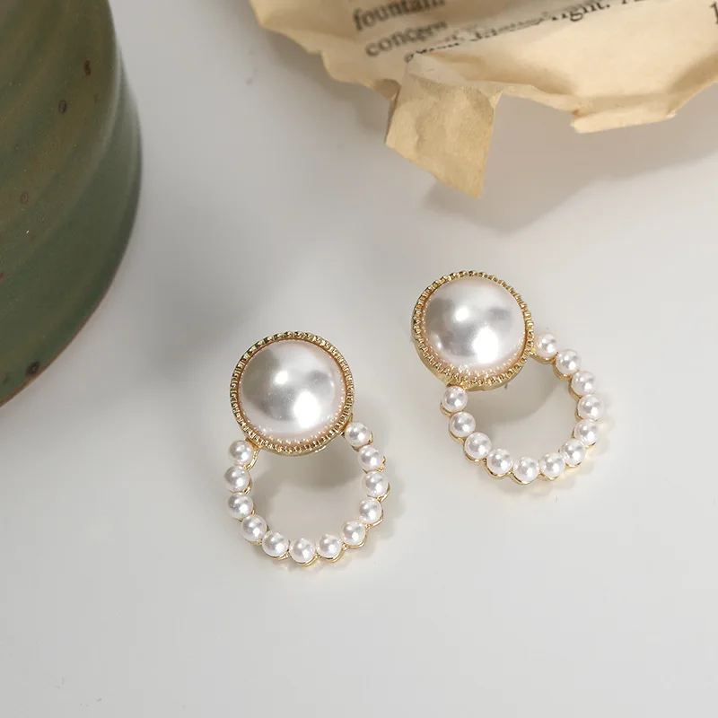 

S925 Stud Earrings For Women Girl Elegant Big Pearl Gold Circle Pearls Geometric Earring Fashion Female Jewelry Accessories Gift