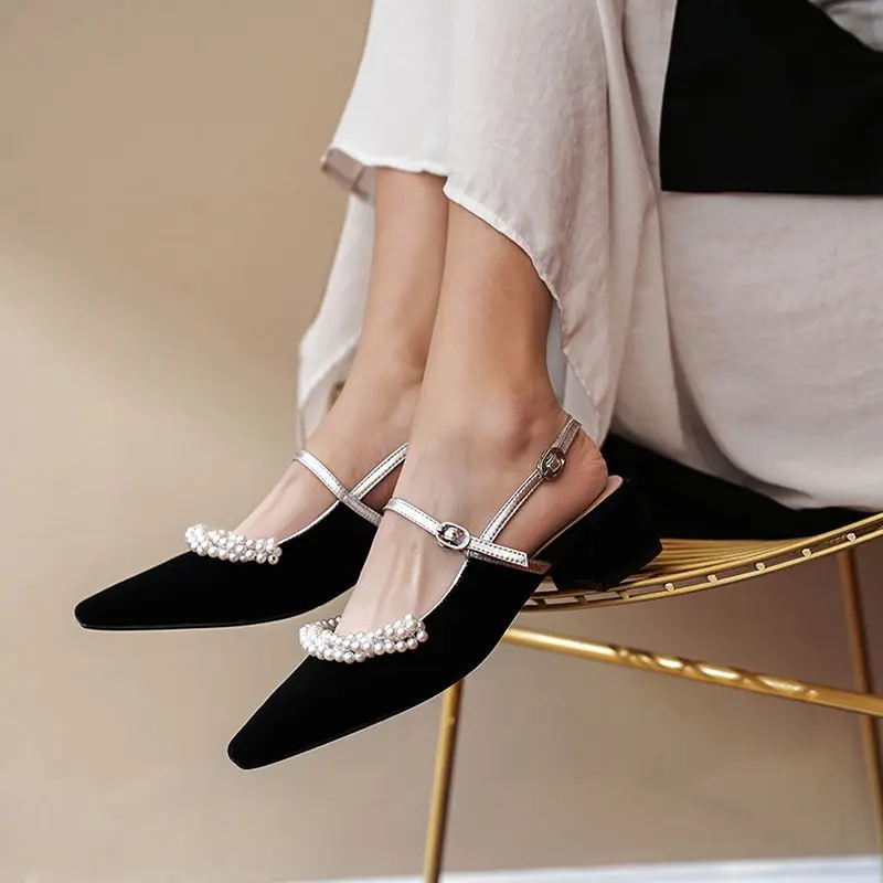 

Pearl Velvet Cover Toe Sandals Summer Women Elegant Med High Heel Sandals Square Toe Silver Buckle Strap Lady Shoes Sandals