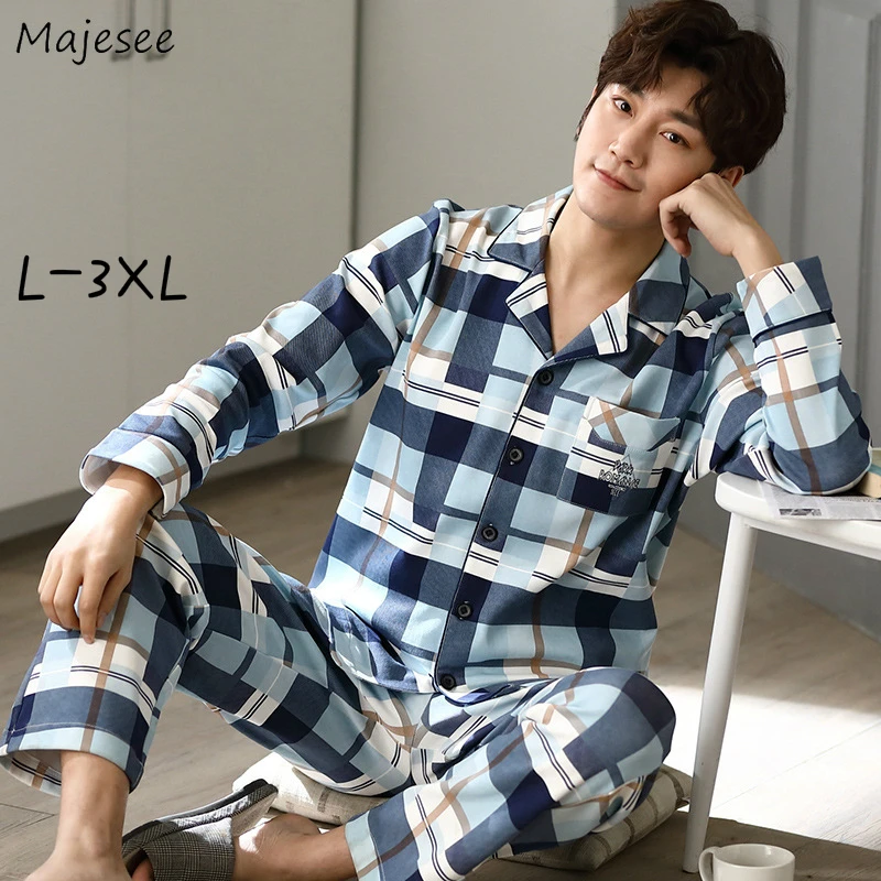 

Men Pajama Sets Large Size 3XL Long Sleeve Single Breasted Turn-down Collar Plaid Male Lounge Thin Sleepwear Soft Loose Fashion