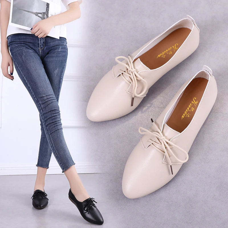 

2019 Women Flat Shoes Genuine Leather Handmade Sneakers Woman Vintage Classic Casual Shoes Shallow Mouth Autumn Footwear Female