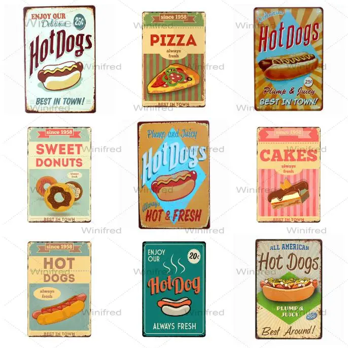 Хот догов Ретро жестяной знак хот дог винтажный металлический постер доска